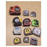 Lot of Tape Measures including Black & Decker AutoTape, Tool Shop 25ft, and Project Pro 25ft