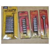 Tool Shop and Tool Cache Socket Sets and Ratchet Lot including 3/8" Drive Deep Socket Set, SAE 8pc Set, Metric 8pc Set, and 3/8" Ratchet Handle