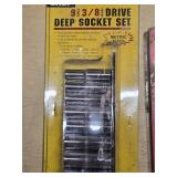 Tool Shop and Tool Cache Socket Sets and Ratchet Lot including 3/8" Drive Deep Socket Set, SAE 8pc Set, Metric 8pc Set, and 3/8" Ratchet Handle