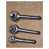 Set of 3 Stubby Ratcheting Socket Wrenches - 1/4, 3/8, 1/2
