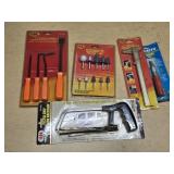Tool Cache Pistol Grip Junior Hacksaw, Scraper Set, Mounted Stone Set, Caliper Gauge, and X-ACTO Knife