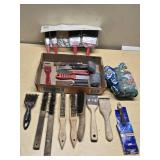Lot of Painting and Scraping Tools Including Brushes, Wire Brushes, Putty Knives, and Steel Wool
