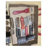 Lot of Painting and Scraping Tools Including Brushes, Wire Brushes, Putty Knives, and Steel Wool