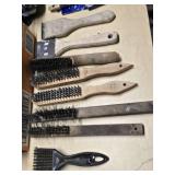 Lot of Painting and Scraping Tools Including Brushes, Wire Brushes, Putty Knives, and Steel Wool