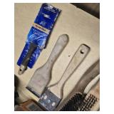 Lot of Painting and Scraping Tools Including Brushes, Wire Brushes, Putty Knives, and Steel Wool