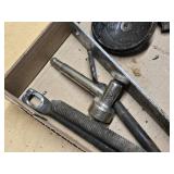Assorted Metal Parts and Tools including Piston, Gear, and Crank Arm