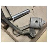Assorted Metal Parts and Tools including Piston, Gear, and Crank Arm