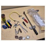 Lot of Automotive and Repair Tools Including Torque Wrench, Rubber Patch Kit, and Valve Tools