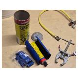 Lot of Automotive and Repair Tools Including Torque Wrench, Rubber Patch Kit, and Valve Tools