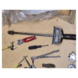 Lot of Automotive and Repair Tools Including Torque Wrench, Rubber Patch Kit, and Valve Tools