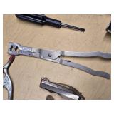 Lot of Automotive and Repair Tools Including Torque Wrench, Rubber Patch Kit, and Valve Tools