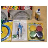 School and Art Supplies Lot including X-Acto Knives, Protractors, Compass, and Paints