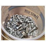 Assorted Hardware Items including Bolts, Nuts, Screws, Washers, and Nails