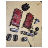 Assorted Vintage Automotive Parts including Hurst Shifter Handle, Reflecters, Hinges, and Distributor Cap