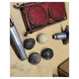 Assorted Vintage Automotive Parts including Hurst Shifter Handle, Reflecters, Hinges, and Distributor Cap