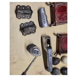 Assorted Vintage Automotive Parts including Hurst Shifter Handle, Reflecters, Hinges, and Distributor Cap