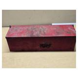 Red Metal Tractor Tool Box with Warning Label
