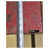 Red Metal Tractor Tool Box with Warning Label