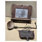 Vintage Wooden Mirror, Desk Lamp, and Metal Dustpan