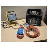 Portable Work Light, Extension Cords, and Storage Crate