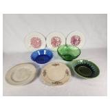 Vintage Plates and Bowls Collection including Brody Co. Green Glass Bowl, Harvest F46 N6 Plate, Trellis Plate, and Japan Green Bowl