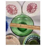 Vintage Plates and Bowls Collection including Brody Co. Green Glass Bowl, Harvest F46 N6 Plate, Trellis Plate, and Japan Green Bowl