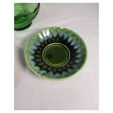 Vintage Plates and Bowls Collection including Brody Co. Green Glass Bowl, Harvest F46 N6 Plate, Trellis Plate, and Japan Green Bowl