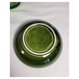 Vintage Plates and Bowls Collection including Brody Co. Green Glass Bowl, Harvest F46 N6 Plate, Trellis Plate, and Japan Green Bowl