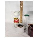 Glass and Ceramic Pitchers including Log Cabin Syrup Pitcher, Hull Pottery Creamer, and Stoneware Japan Creamer