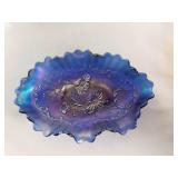 Blue Iridescent Glass Bowl with Floral Design