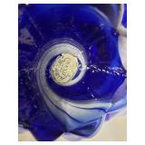 Amber, blue, and red decorative glass bowls