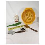 Vintage Kitchen and Promotional Items including Utensils, Ashtray, Strainer, and More - Morgan Farmers Elevator, V and M Grill Mankato, 1939 Lillian Creamery