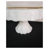 White Milk Glass Pedestal Cake Stand with Floral Design