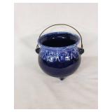 Ceramic Blue Glazed Cauldron with Handle
