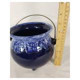 Ceramic Blue Glazed Cauldron with Handle
