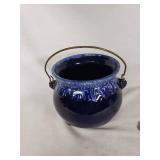 Ceramic Blue Glazed Cauldron with Handle