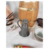 Vintage Thermos, Salt Lamp, Wooden Barrel Bank, and Miscellaneous Items