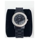 Geneva Crystal Bezel Black Quartz Watch - New Battery - Running