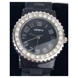 Geneva Crystal Bezel Black Quartz Watch - New Battery - Running