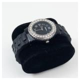 Geneva Crystal Bezel Black Quartz Watch - New Battery - Running