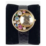 Quartz Fashion Watch With Gemstone Bezel & Leather Strap - New Battery - Running