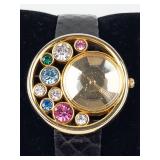 Quartz Fashion Watch With Gemstone Bezel & Leather Strap - New Battery - Running