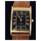 Cassant Quartz Gold-Tone Rectangular Watch With Brown Leather Band - New Battery - Running