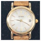 Citizen Eco-Drive Gold-Tone Leather Strap Watch - running