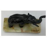 Vintage Metal Elephant On An Onyx Base 7 1/2' Tall