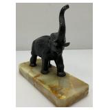 Vintage Metal Elephant On An Onyx Base 7 1/2' Tall