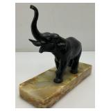 Vintage Metal Elephant On An Onyx Base 7 1/2' Tall
