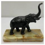 Vintage Metal Elephant On An Onyx Base 7 1/2' Tall