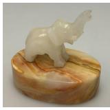 Small Miniature Stone Carved Elephant On Onyx Base 3' x 3 1/2'