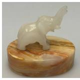Small Miniature Stone Carved Elephant On Onyx Base 3' x 3 1/2'
